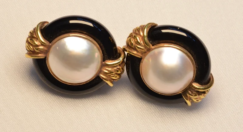 Hoop earrings with heart-shaped frames for a romantic and feminine look-14K  Moby Pearl and Onyx Earrings