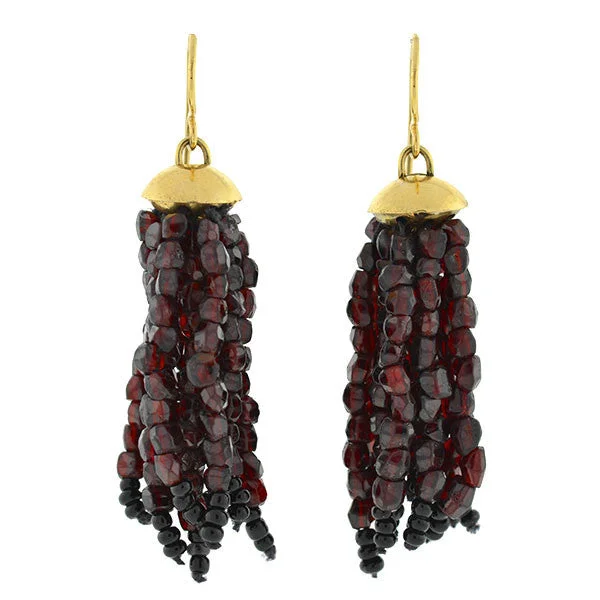 Hoop earrings with oversized designs for a bold, fashion-forward statement-Estate 18kt Beaded Garnet Tassel Earrings