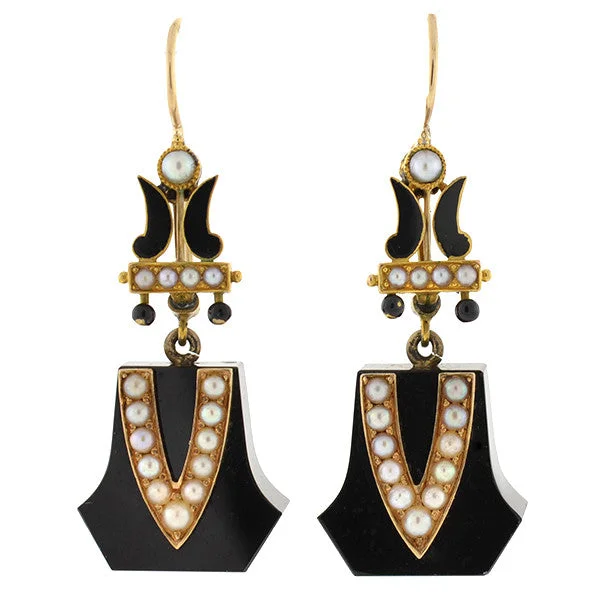 Hoop earrings with snake print designs for an edgy, wild appearance-Victorian 15kt Onyx, Seed Pearl & Enamel Earrings