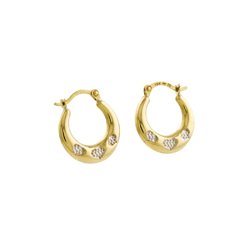 Best hoop earrings with twisted rope designs for a nautical-inspired style-Two-Tone 10K Gold x Triple Hearts Creole Hoops