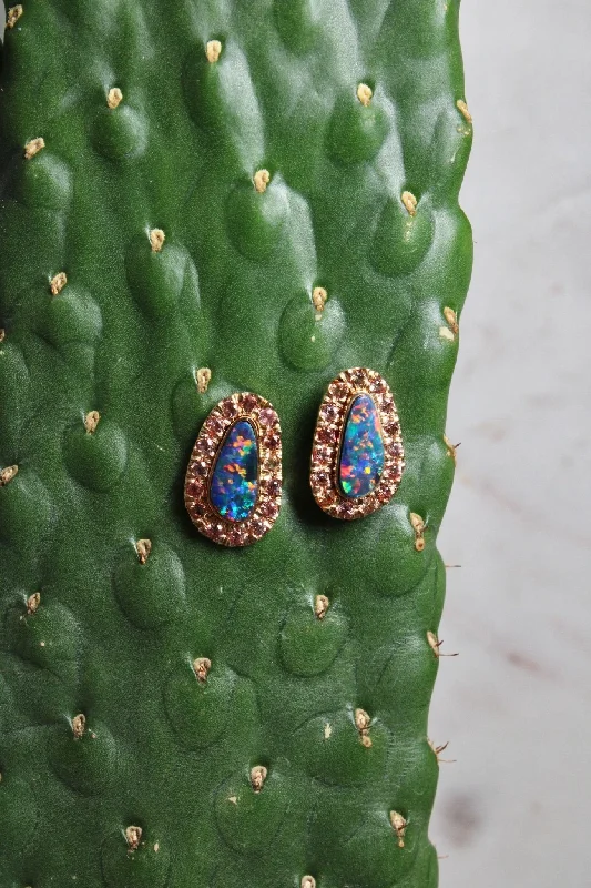 Best hoop earrings with rose gold for a romantic and warm aesthetic-14K Australian Blue Opal x Peach Sapphire Earrings