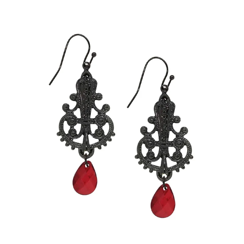 Best hoop earrings with butterfly motifs for a playful and whimsical appearance-1928 Jewelry Black Royal Filigree Ornamental Red Briolette Drop