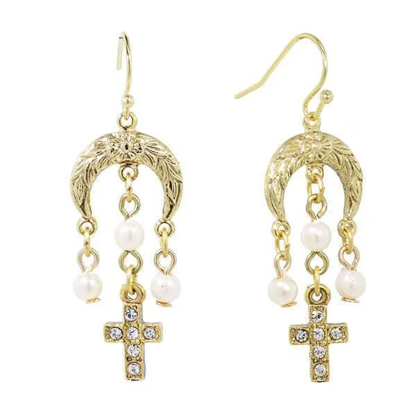 Best hoop earrings with custom engravings for a personalized and meaningful gift-1928 Jewelry Crescent Flower Moon Faux Pearls And Crystal Cross Dangle Earrings