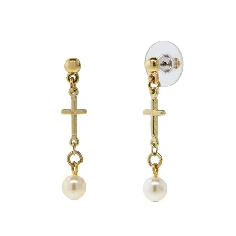 Hoop earrings with rhinestone embellishments for a glamorous and sparkling look-Symbols Of Faith Cross Drop White Faux Pearl Dangle Earrings