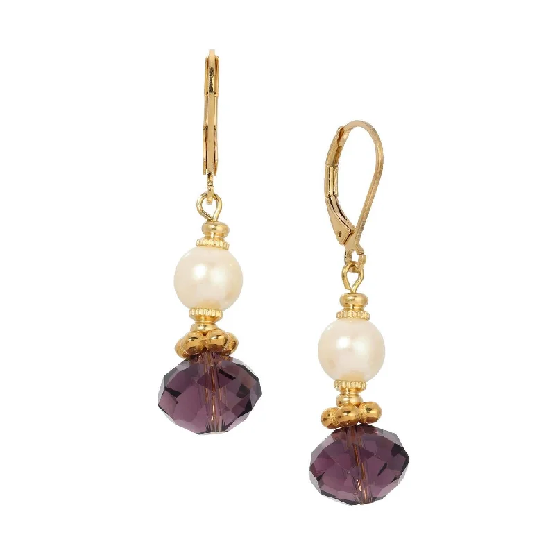 Hoop earrings with floral motifs for a feminine and nature-inspired look-1928 Jewelry Faux Pearl Luster & Amethyst Crystal Dangling Earrings