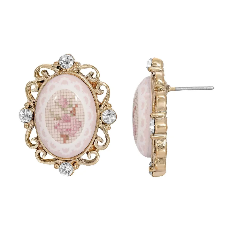 Medium hoop earrings for an everyday look with the perfect balance of style-1928 Jewelry Oval Stitch Pattern Pink Rose Button Earrings