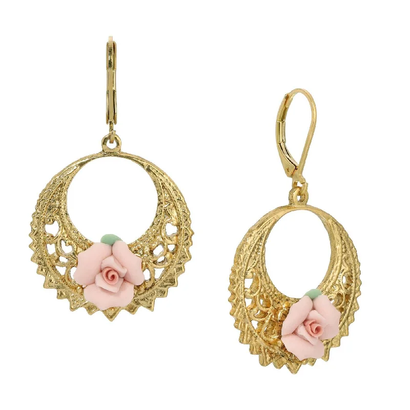 Best hoop earrings with Swarovski crystals for added sparkle and luxury-1928 Jewelry Pink Porcelain Rose Hoop Earrings