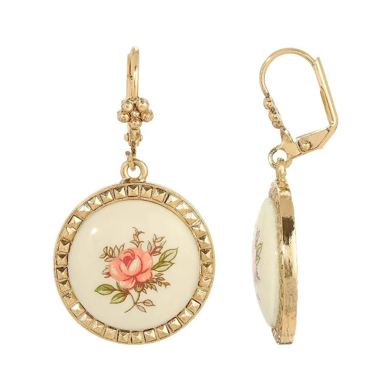 Best hoop earrings with baroque pearls for a luxurious and elegant vibe-1928 Jewelry Round Pink Desert Rose Ceramic Cabochon Stone Earrings