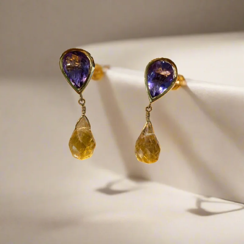 Stylish hoop earrings with diamond accents for an elegant and sparkling effect-Amethyst & Citrine 18k gold earrings, one of a kind, Fine earrings, Handmade earrings, Greek Jewelry