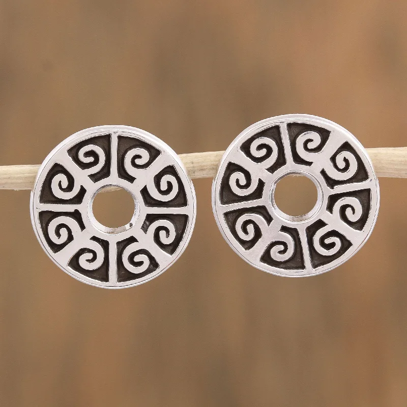 Classic hoop earrings with a thin profile for a sleek and subtle style-Ancient Ball Game Circular Sterling Silver Button Earrings from Mexico