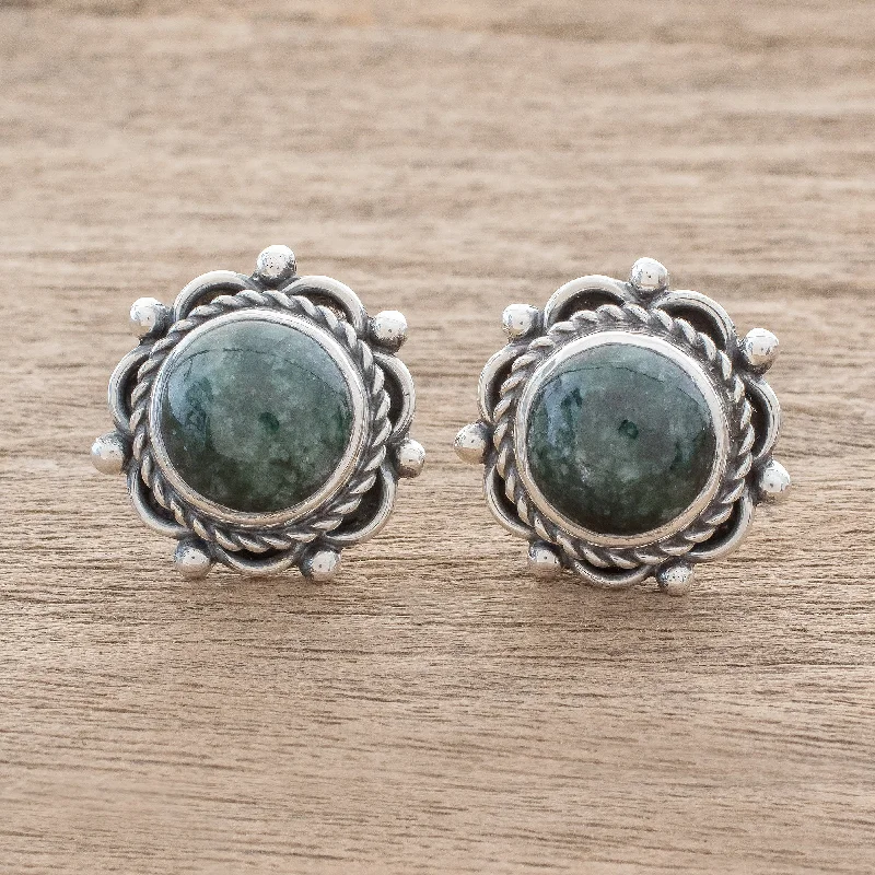 Best hoop earrings with tribal designs for a cultural and exotic aesthetic-Antigua Sun Dark Green Jade Button Earrings from Guatemala