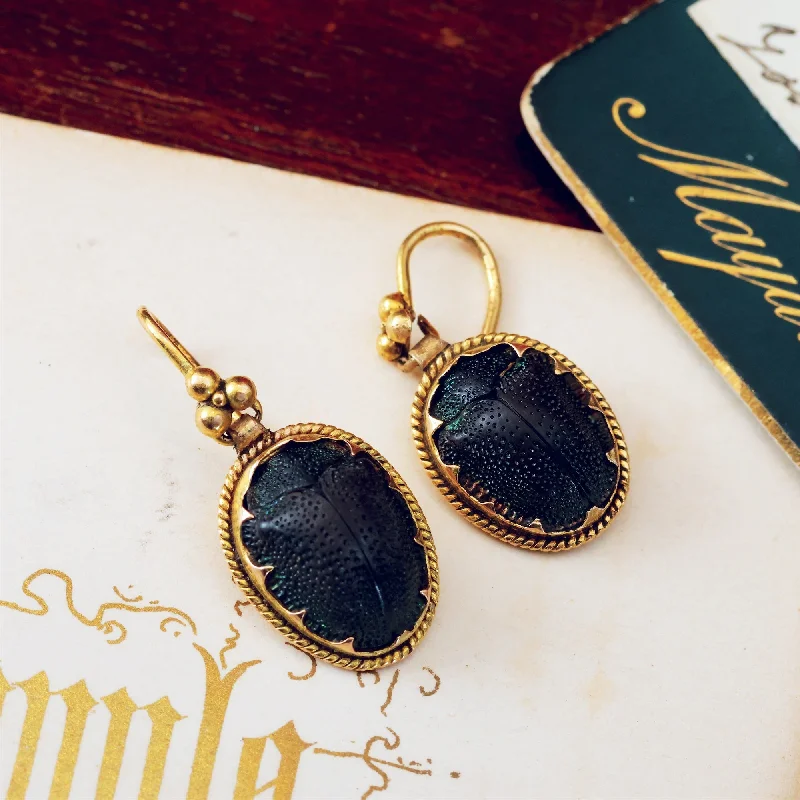 Best hoop earrings with asymmetrical designs for a fashion-forward, avant-garde look-Antique Victorian Era Scarab Beetle Earrings