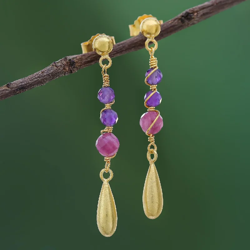 Hoop earrings with snake print designs for an edgy, wild appearance-Aria Gold Plated Tourmaline and Amethyst Dangle Earrings