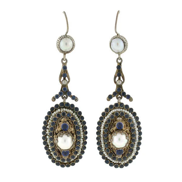 Hoop earrings with open designs for a modern, lighthearted vibe-Arts & Crafts Era Austro-Hungarian Sterling Gilt Faux Sapphire & Pearl Earrings