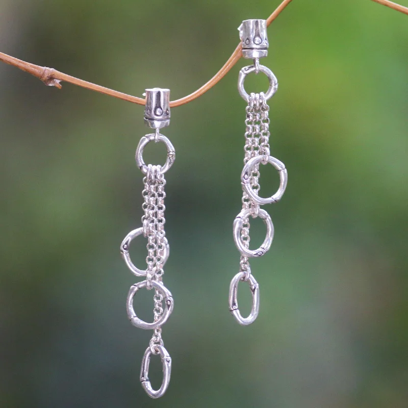 Hoop earrings with crescent moon shapes for a celestial and mystical appearance-Bamboo Waterfall Balinese Sterling Silver Handmade Engraved Dangle Earrings