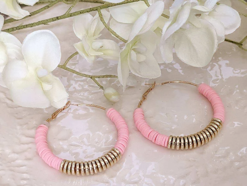 Hoop earrings with dangling charms for a playful and fun look-Beautiful Pink and Gold Clay Hoops