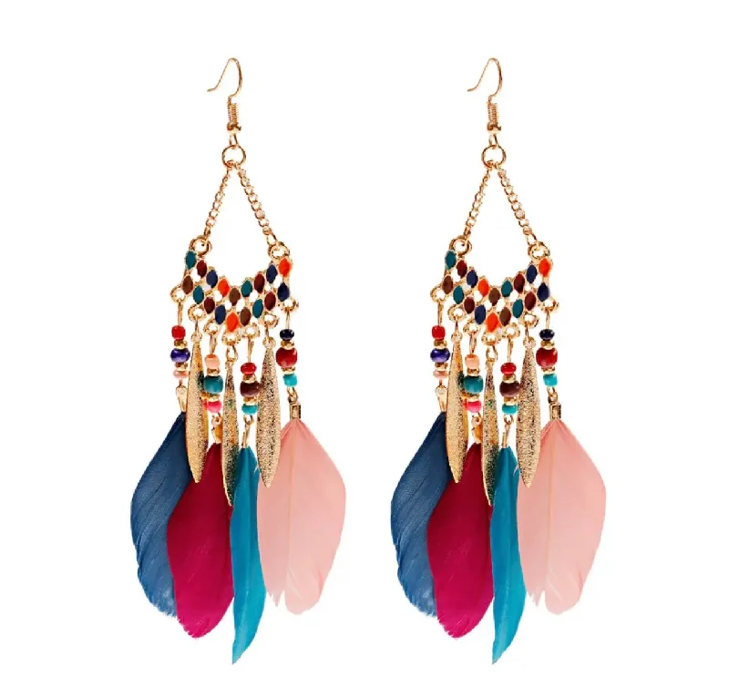 Hoop earrings with oversized pearl accents for a statement-making look-Beautiful Colorful Bohemian Feather Earrings