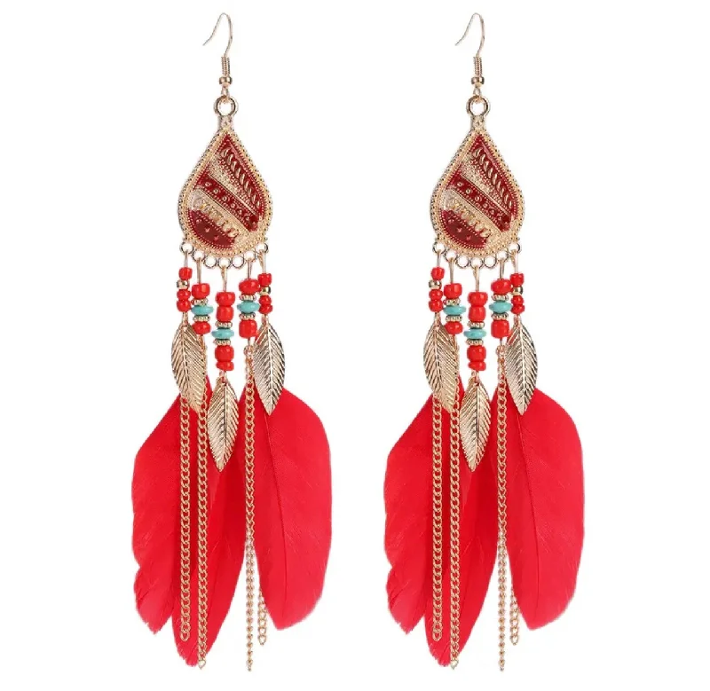 Best hoop earrings with gold-plated finishes for an affordable luxury vibe-Beautiful Bohemian Red Feather Earrings