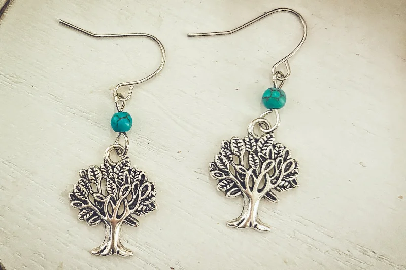 Hoop earrings with floral motifs for a feminine and nature-inspired look-Beautiful Dainty Silver and Turquoise Tree Earrings