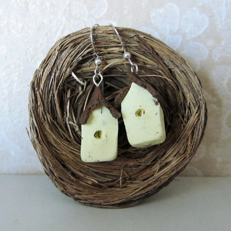 Best hoop earrings with smooth ceramic finishes for a polished, clean style-Bird House Earrings Polymer Clay Yellow Birdhouse Sterling Silver