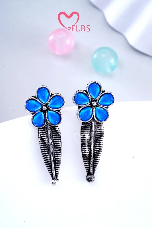 Hoop earrings with a chunky design for a bold and trendy statement-Blue Floral Petals and lush fern Leaves Earrings