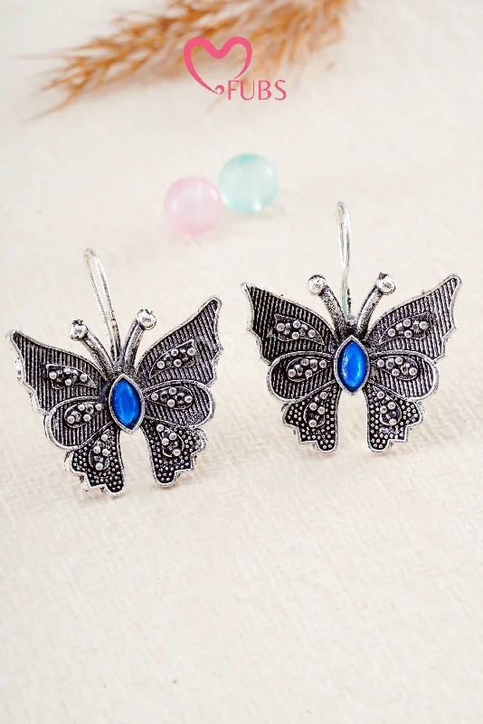 Hoop earrings with cut-out designs for a creative and lightweight effect-Blue Fluttered Grace  Butterfly Earrings