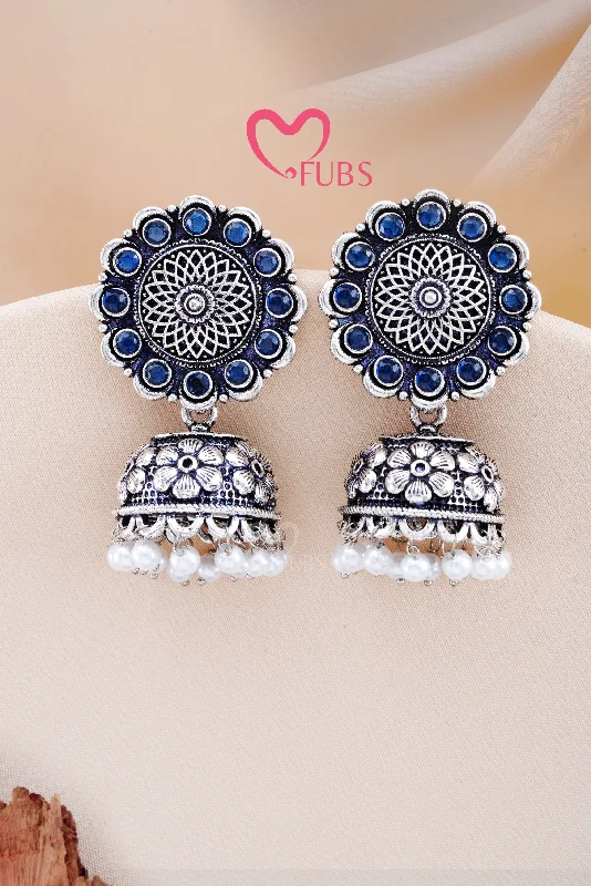 Best hoop earrings with rose gold for a romantic and warm aesthetic-Blue Oxidized Ethereal Stone Chandrika Jhumka