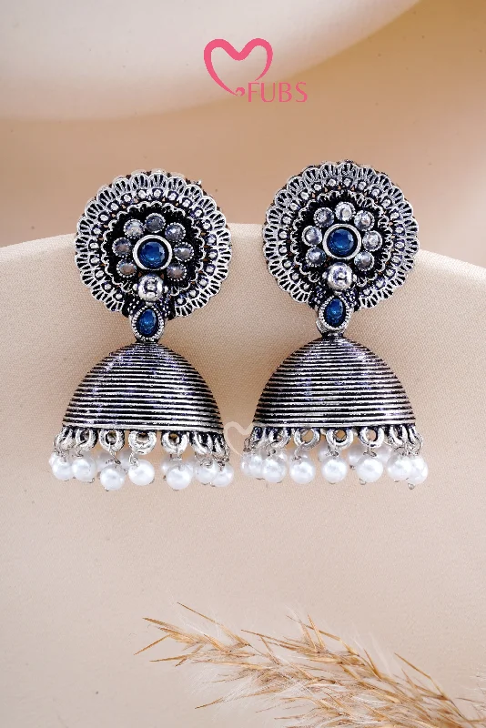 Hoop earrings with tortoiseshell designs for a chic and classic style-Blue Oxidized Silver Shimmer Jhumkas