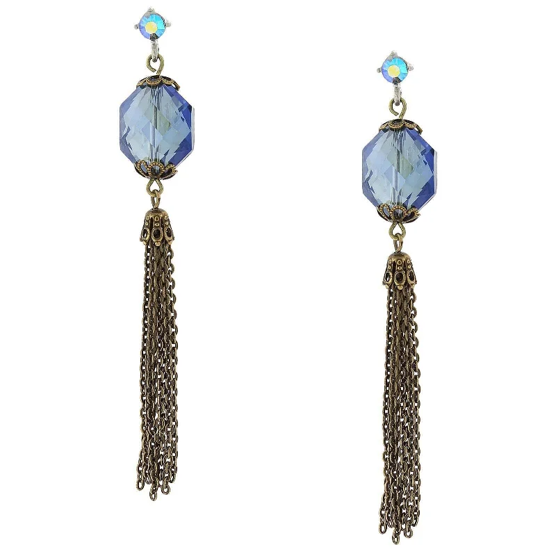 Best hoop earrings with matte finish for a sophisticated, understated design-2028 Jewelry Burnished Brass Blue Ab Crystal Linear Tassel Earrings