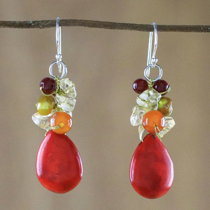 Hoop earrings with a chunky design for a bold and trendy statement-Camellia Drops Multi-Gemstone Red Calcite Dangle Earrings from Thailand