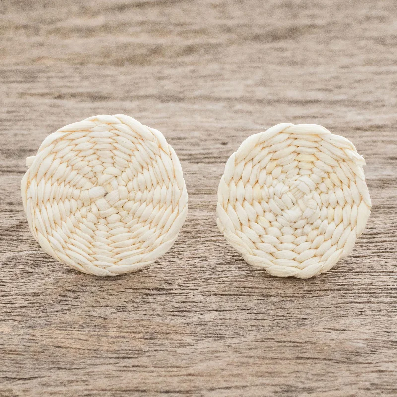 Best hoop earrings with delicate chain details for a trendy and stylish design-Circular Sensation in Natural Natural Off-White Woven Junco Reed Circular Button Earrings