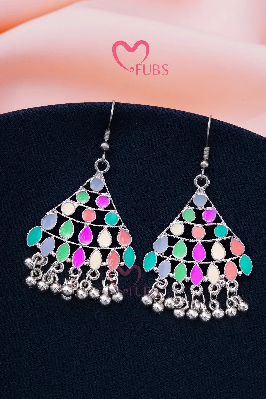 Hoop earrings with rhinestone embellishments for a glamorous and sparkling look-Colorful Triangle Ghungroo Hook Earrings