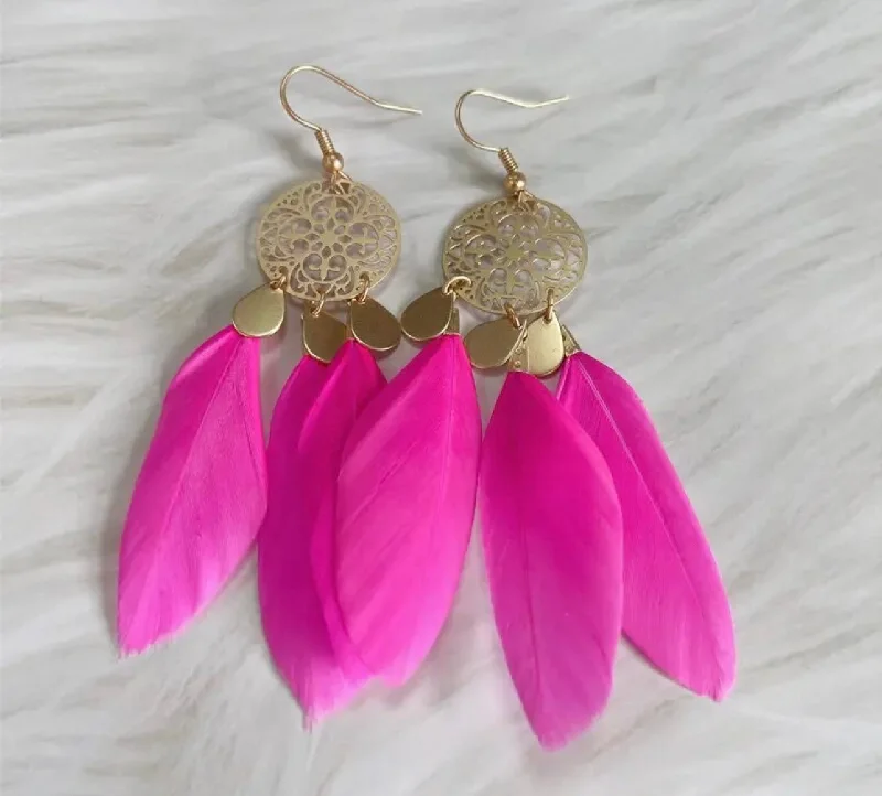 Hoop earrings with faceted crystals for added sparkle and shine-Beautiful Gold and Pink Feather Earrings