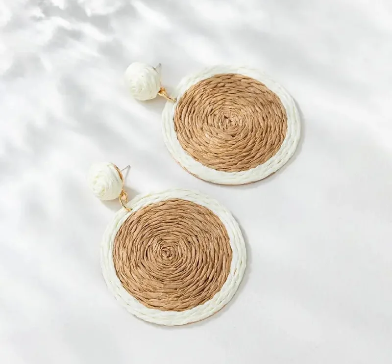 Hoop earrings with enamel stripes for a colorful and eye-catching design-Beautiful Rattan Disc Earrings