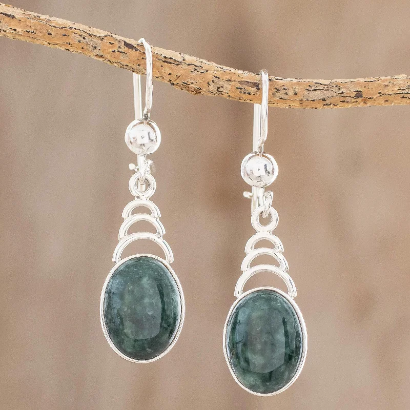 Classic hoop earrings with a thin profile for a sleek and subtle style-Dark Green Antique Arcs Arc Motif Jade Dangle Earrings from Guatemala