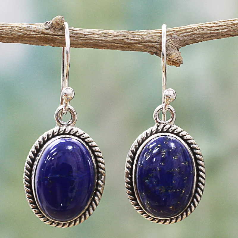 Best hoop earrings with gemstone accents for a colorful and elegant appearance-Deep Blue Grandeur Oval Lapis Lazuli and Sterling Silver Dangle Earrings