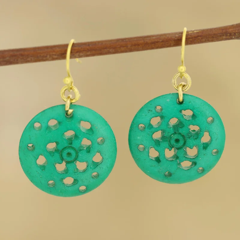 Best hoop earrings with custom designs for a personalized, unique accessory-Delightful Round Round Blue-Green Bone Dangle Earrings from India