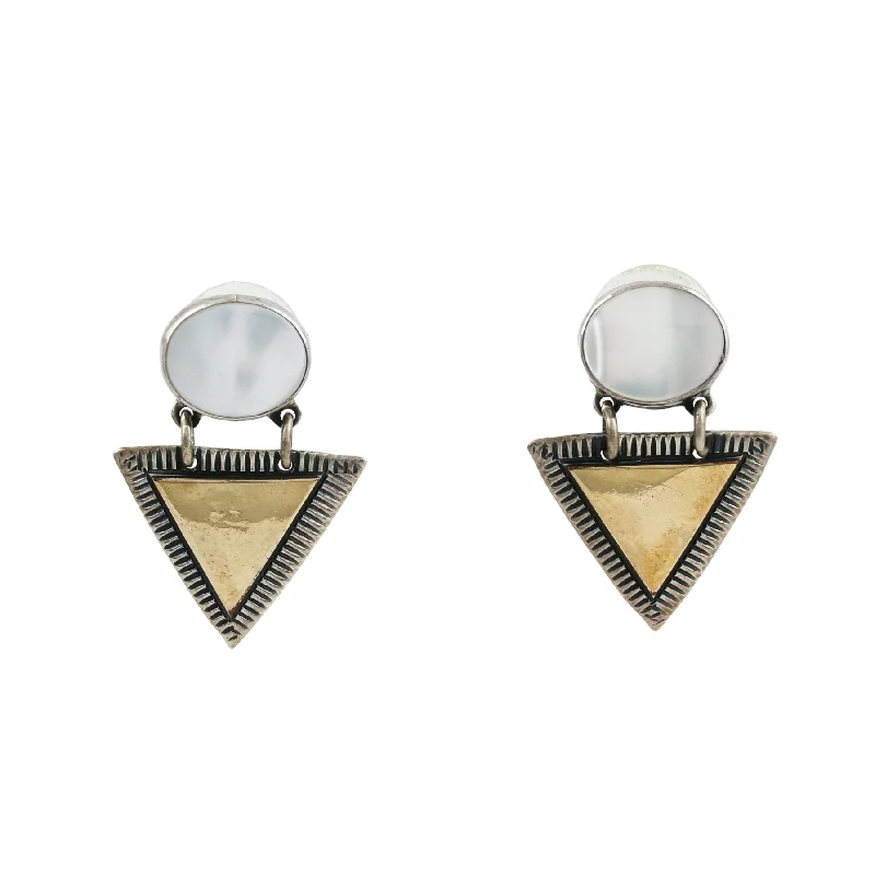 Best hoop earrings with lever-back closures for secure and easy wear-Dual Tone Triangular Brass x Silver Pearl Earrings