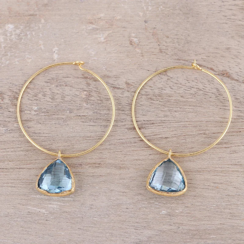 Hoop earrings with polished metal for a shiny and high-quality finish-Elegant Embrace 18k Gold Plated Blue Topaz Hoop Dangle Earrings from India