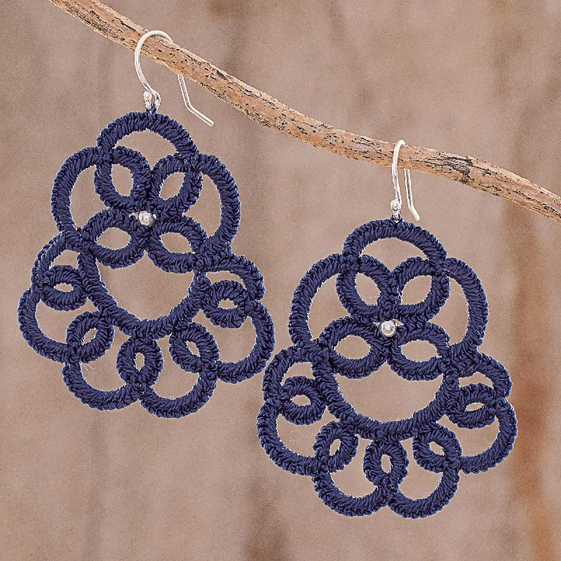 Best hoop earrings with rose gold for a romantic and warm aesthetic-Elegant Swirls in Indigo Hand-Tatted Dangle Earrings in Indigo from Guatemala