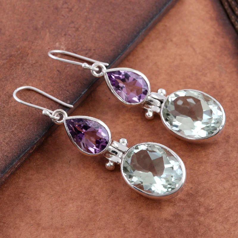 Best hoop earrings with minimalist designs for a clean and modern aesthetic-Fashion Fusion Purple Amethyst and Green Prasiolite Dangle Earrings