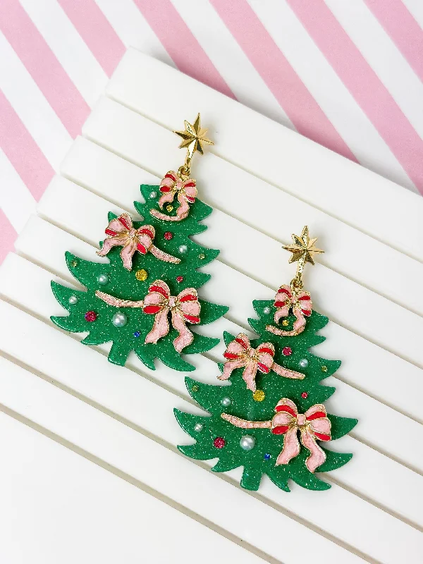 Best hoop earrings with turquoise stones for a bohemian-inspired vibe-Festive Christmas Tree Dangle Earrings - Pink Bow