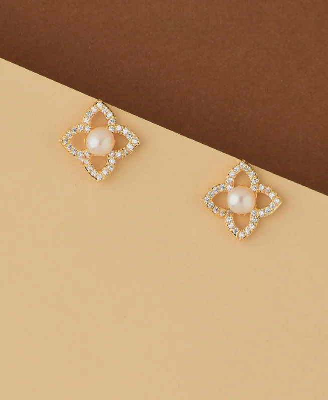 Hoop earrings with abstract wirework for an artistic, unique look-Floral and Simple Real Pearl Stud Earring