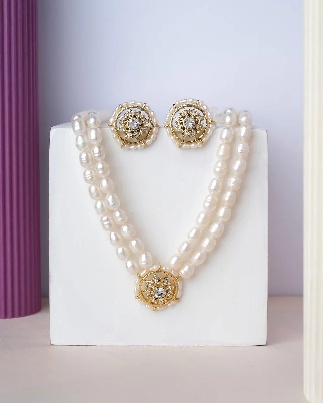 Best hoop earrings with gold for a luxurious and timeless look-Floral Double Line Pearl Set