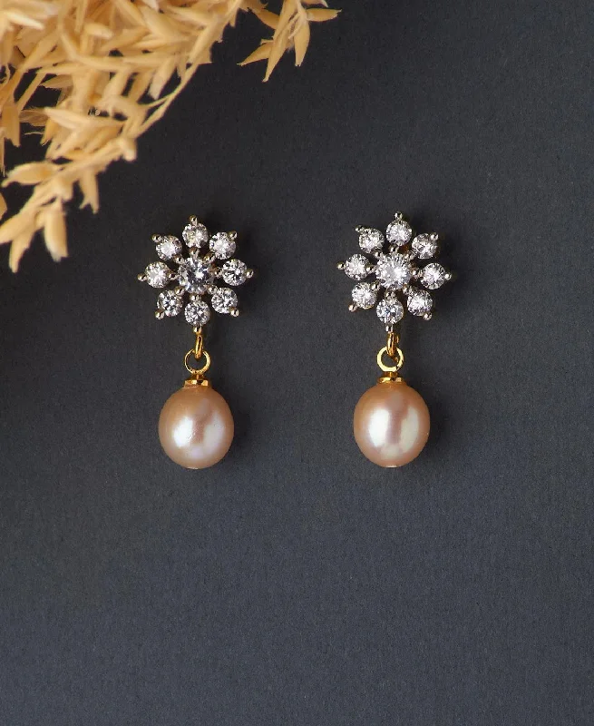 Hoop earrings with artistic filigree designs for an intricate, delicate finish-Floral Pink Pearl Hang Earring