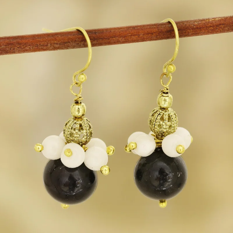 Best hoop earrings with detachable studs for a versatile and adjustable accessory-Gleaming Globes Onyx and Moonstone Beaded Dangle Earrings from India