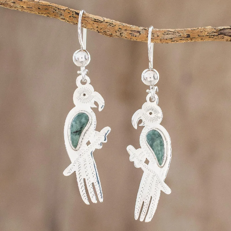 Hoop earrings with spiral designs for a dynamic and fluid look-Gleaming Macaw Green Jade Macaw Dangle Earrings from Guatemala