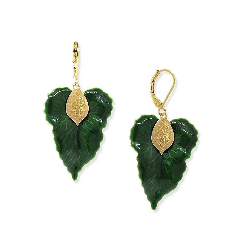 Hoop earrings with polished silver finish for a shiny, modern appeal-1928 Jewelry Green Enamel Leaf Lever Back Earrings