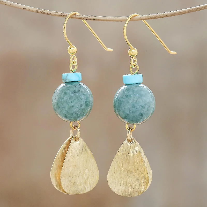 Hoop earrings with textured gold for a refined and sophisticated aesthetic-Golden Ancient Jade Dangle Earrings Crafted in Thailand