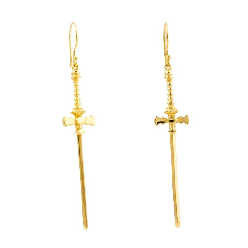 Hoop earrings with open designs for a modern, lighthearted vibe-Gold "Defender" Sword Earrings